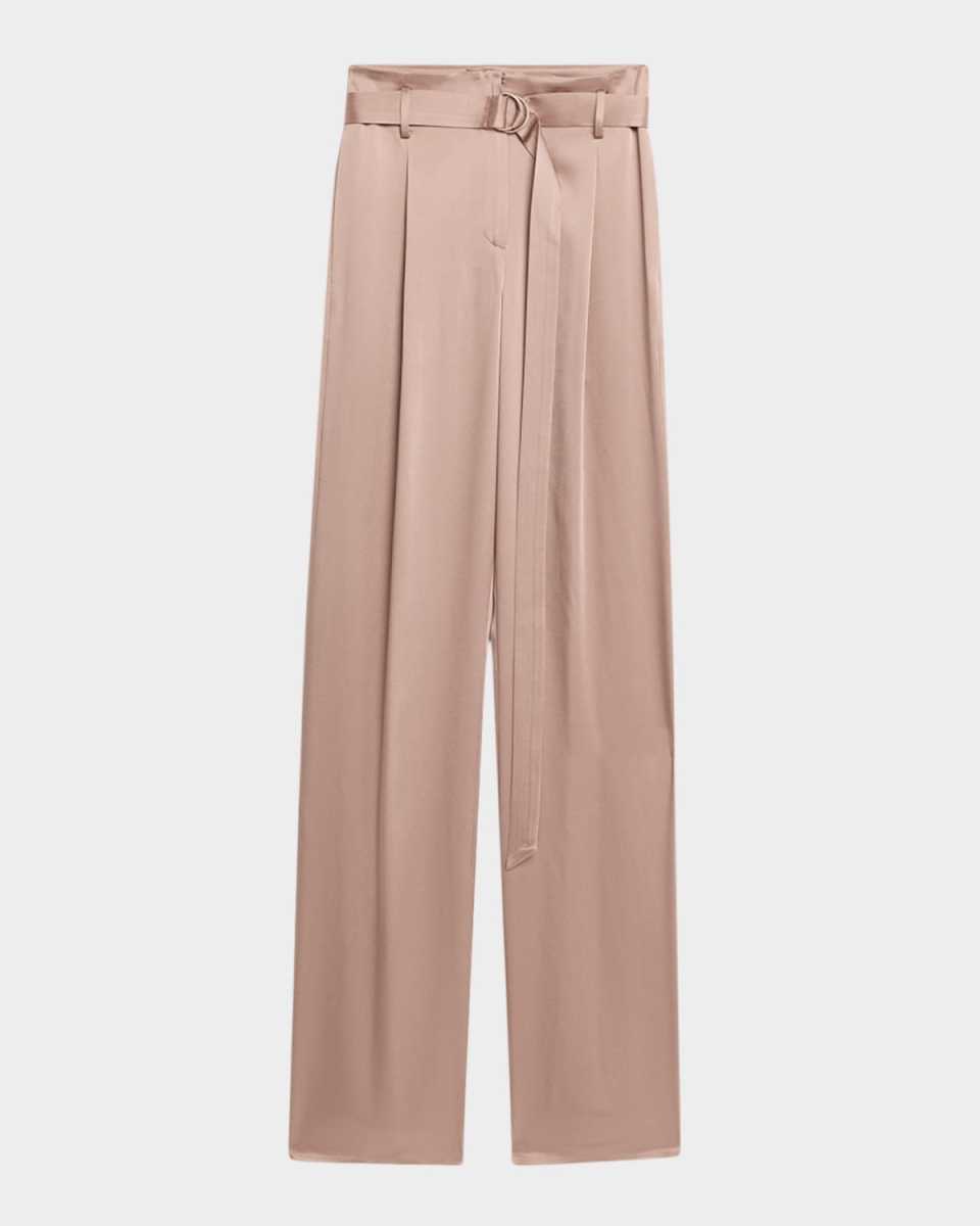 Pleated Straight-Leg Satin Pants With Belt
